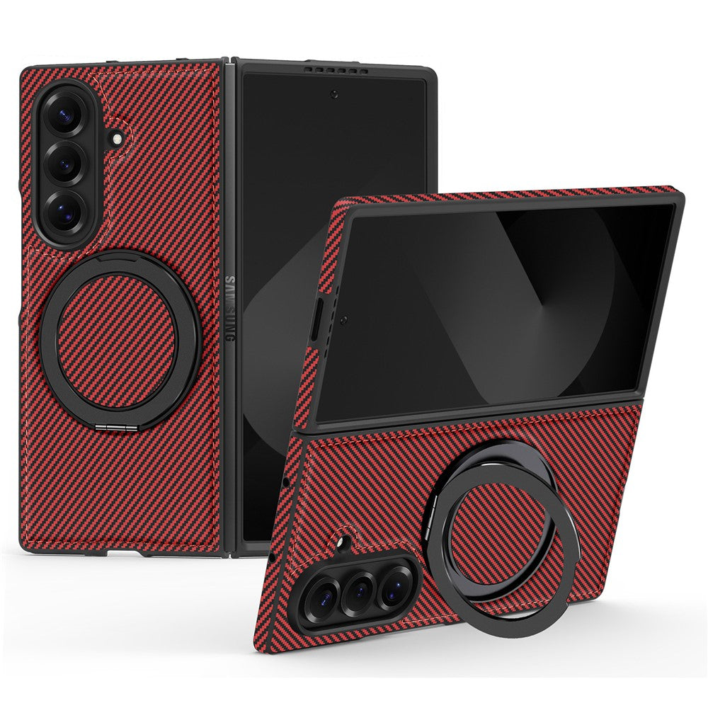 For Samsung Galaxy Z Fold7 5G Magnetic Case Carbon Fiber Texture PU + TPU Kickstand Phone Cover - Red