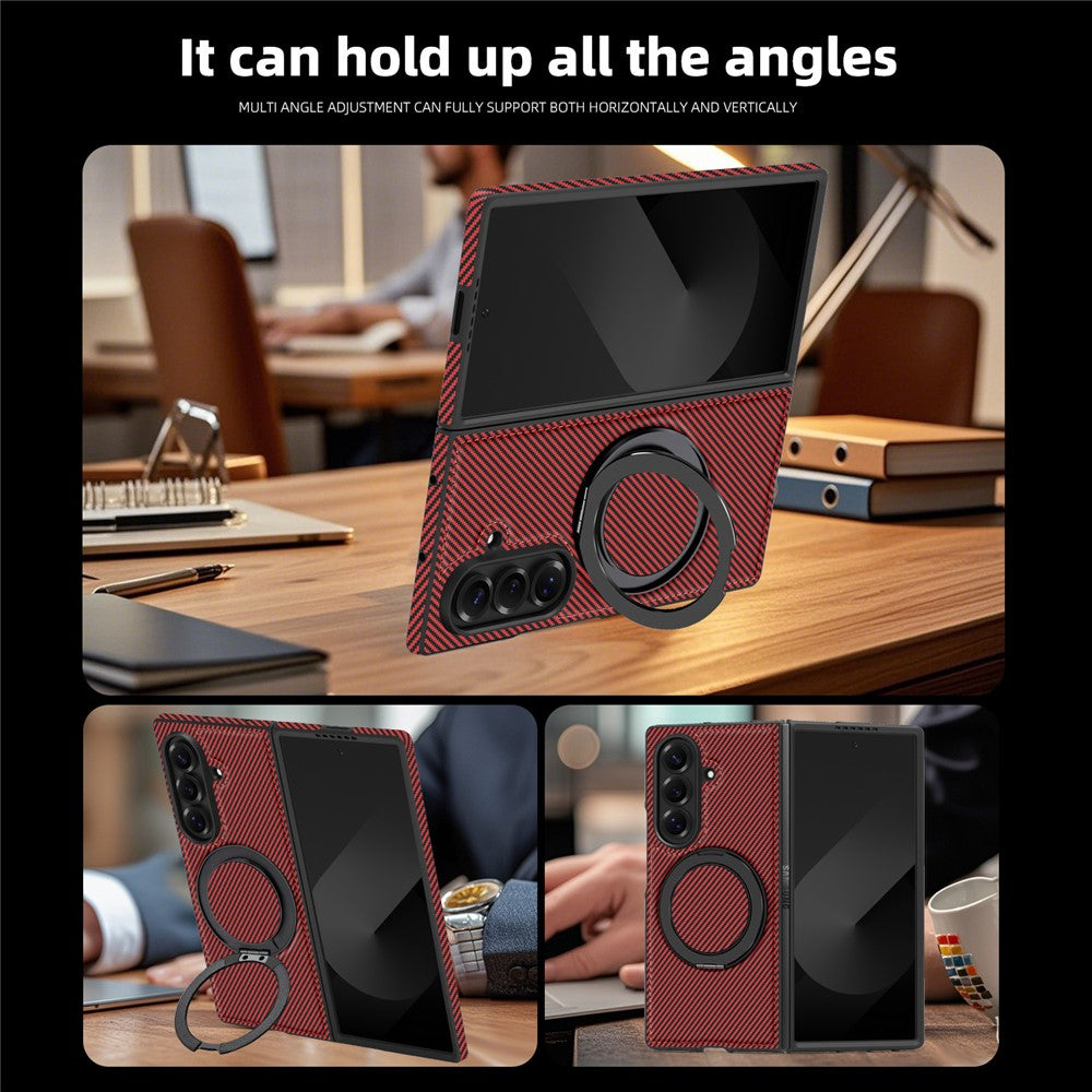 For Samsung Galaxy Z Fold7 5G Magnetic Case Carbon Fiber Texture PU + TPU Kickstand Phone Cover - Red