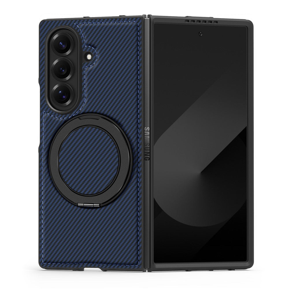 For Samsung Galaxy Z Fold7 5G Magnetic Case Carbon Fiber Texture PU + TPU Kickstand Phone Cover - Sapphire