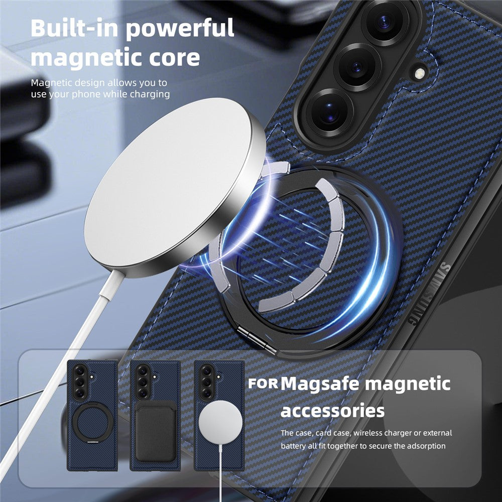 For Samsung Galaxy Z Fold7 5G Magnetic Case Carbon Fiber Texture PU + TPU Kickstand Phone Cover - Sapphire