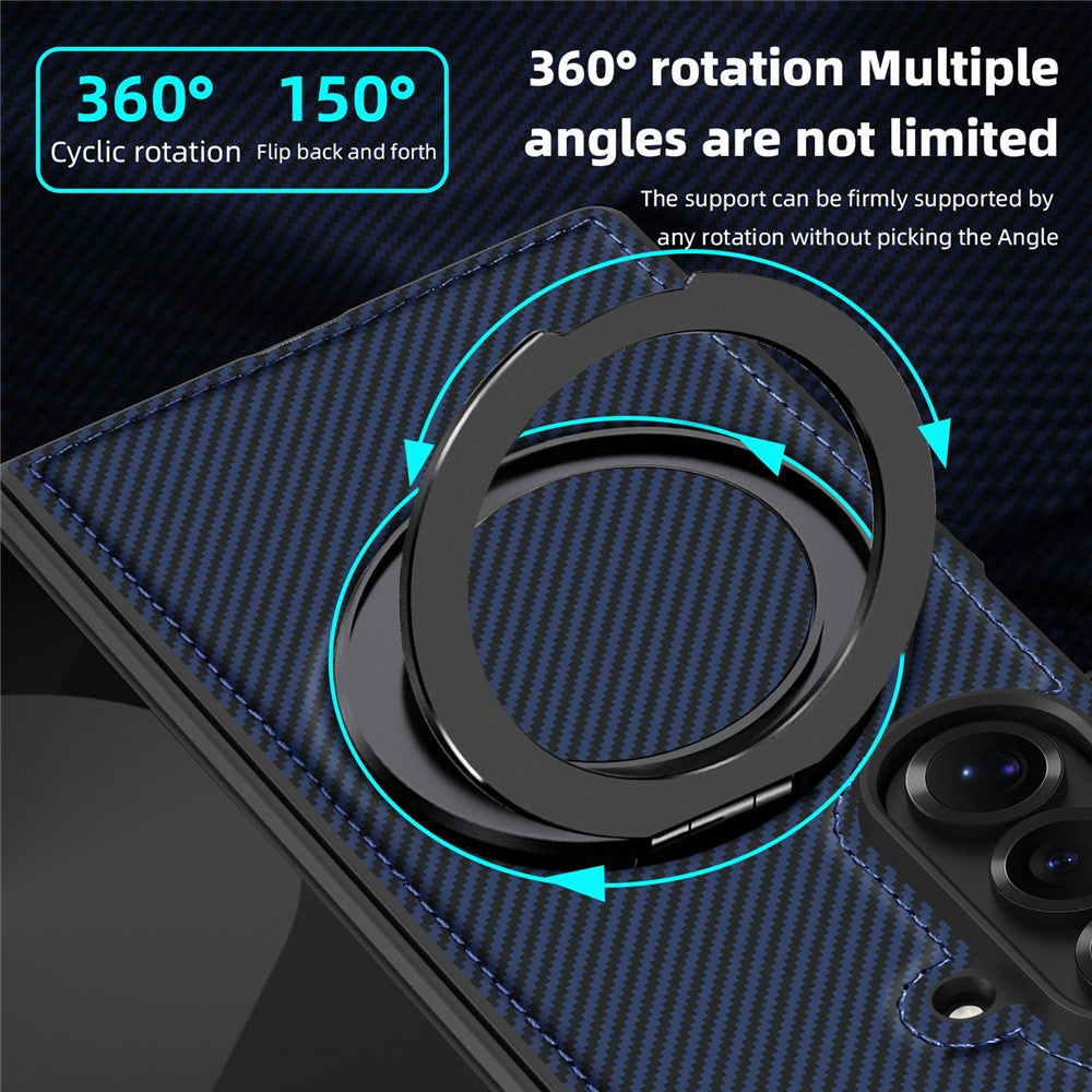 For Samsung Galaxy Z Fold7 5G Magnetic Case Carbon Fiber Texture PU + TPU Kickstand Phone Cover - Sapphire