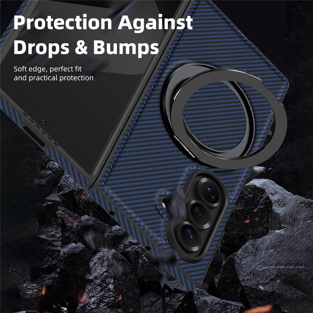 For Samsung Galaxy Z Fold7 5G Magnetic Case Carbon Fiber Texture PU + TPU Kickstand Phone Cover - Sapphire
