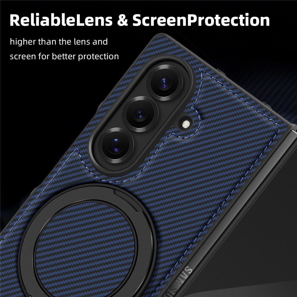 For Samsung Galaxy Z Fold7 5G Magnetic Case Carbon Fiber Texture PU + TPU Kickstand Phone Cover - Sapphire