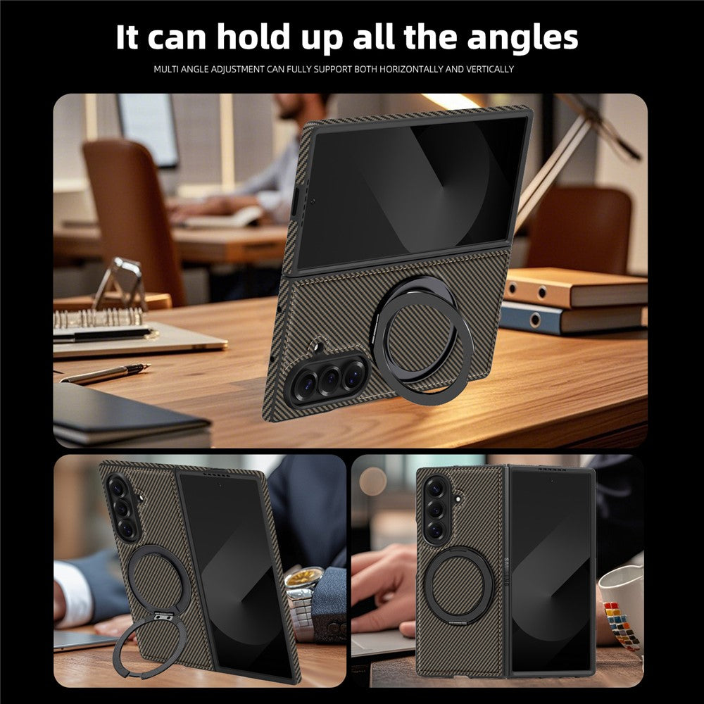 For Samsung Galaxy Z Fold7 5G Magnetic Case Carbon Fiber Texture PU + TPU Kickstand Phone Cover - Coffee