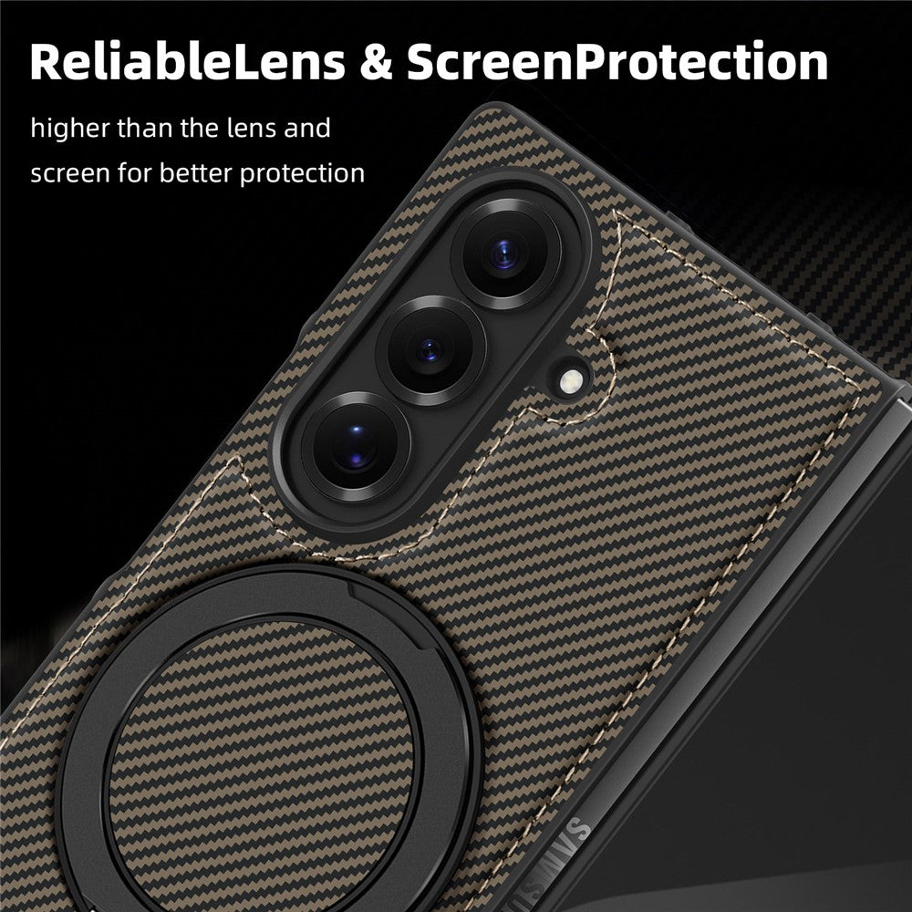 For Samsung Galaxy Z Fold7 5G Magnetic Case Carbon Fiber Texture PU + TPU Kickstand Phone Cover - Coffee
