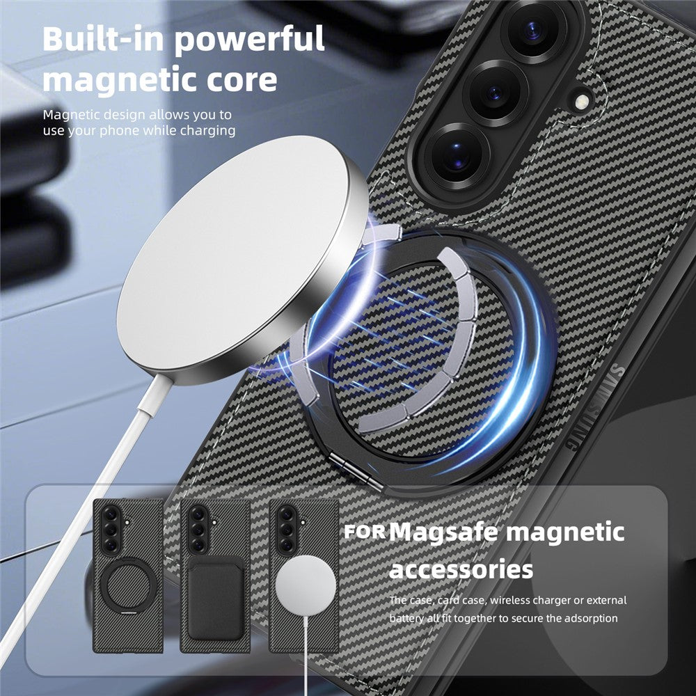 For Samsung Galaxy Z Fold7 5G Magnetic Case Carbon Fiber Texture PU + TPU Kickstand Phone Cover - Titanium Grey