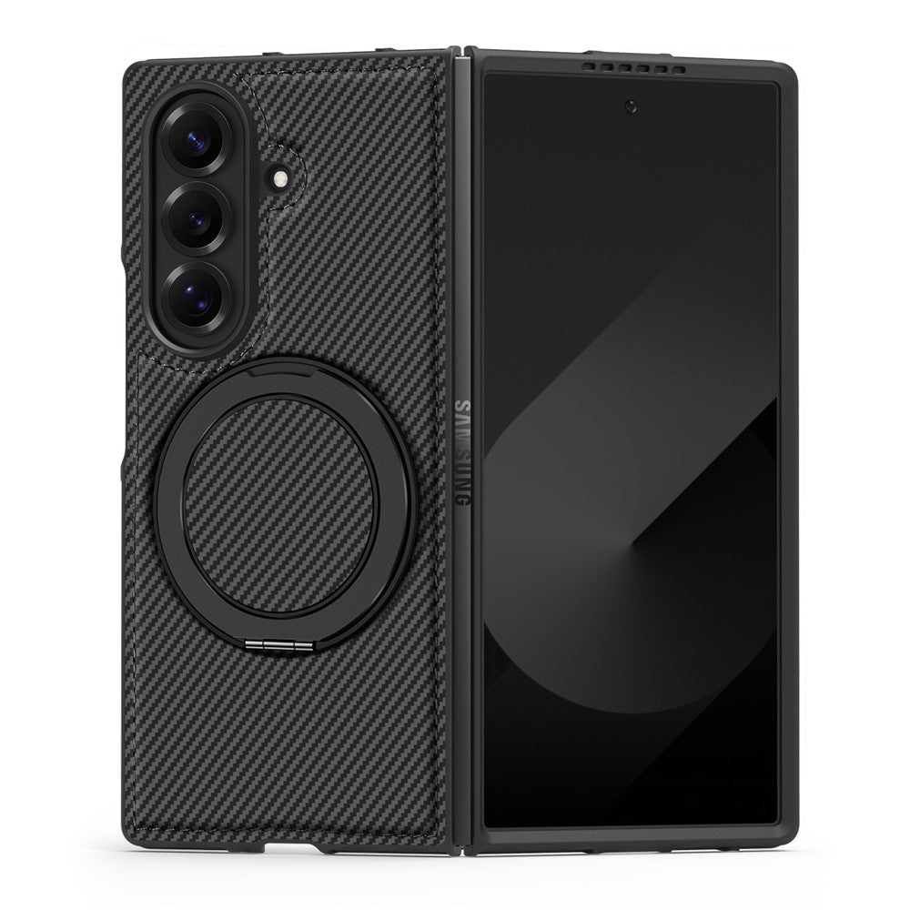 For Samsung Galaxy Z Fold7 5G Magnetic Case Carbon Fiber Texture PU + TPU Kickstand Phone Cover - Black