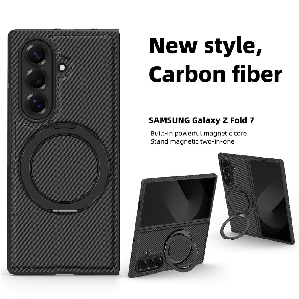 For Samsung Galaxy Z Fold7 5G Magnetic Case Carbon Fiber Texture PU + TPU Kickstand Phone Cover - Black
