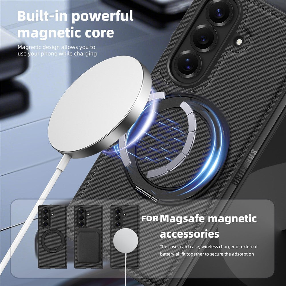 For Samsung Galaxy Z Fold7 5G Magnetic Case Carbon Fiber Texture PU + TPU Kickstand Phone Cover - Black