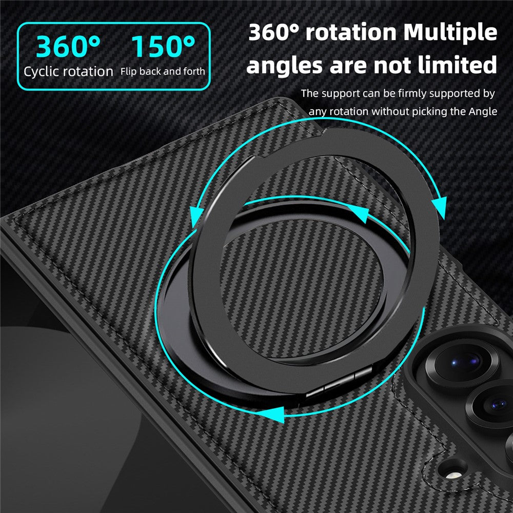 For Samsung Galaxy Z Fold7 5G Magnetic Case Carbon Fiber Texture PU + TPU Kickstand Phone Cover - Black