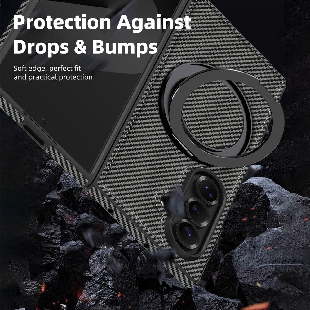 For Samsung Galaxy Z Fold7 5G Magnetic Case Carbon Fiber Texture PU + TPU Kickstand Phone Cover - Black