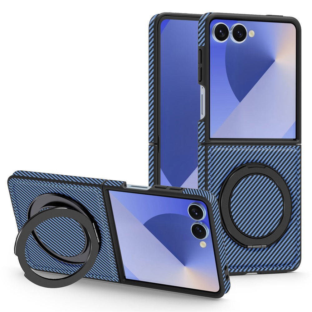 For Samsung Galaxy Z Flip7 5G Magnetic Case Carbon Fiber Texture PU + TPU Kickstand Phone Cover - Blue