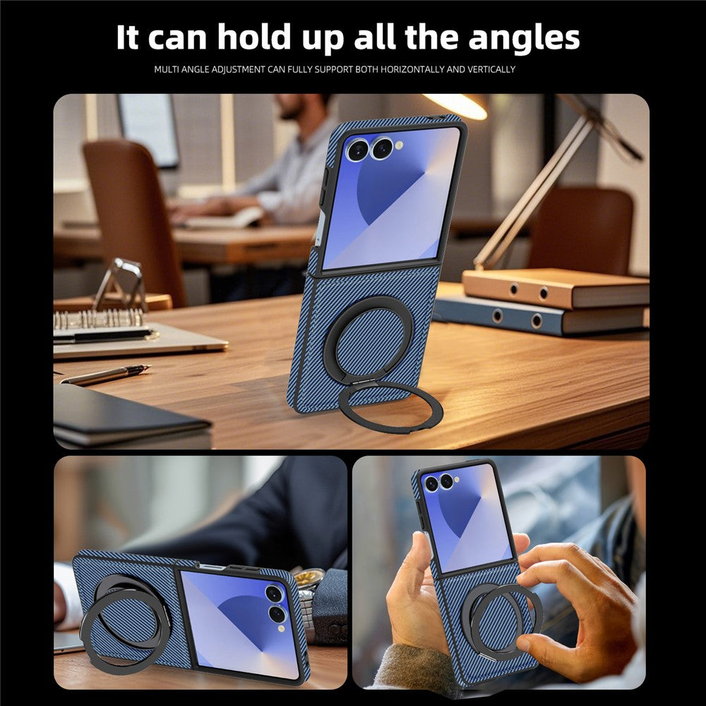 For Samsung Galaxy Z Flip7 5G Magnetic Case Carbon Fiber Texture PU + TPU Kickstand Phone Cover - Blue