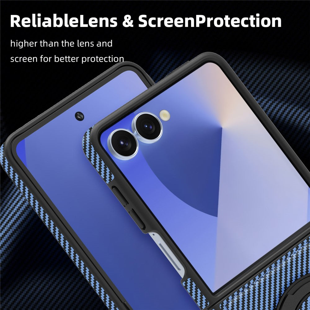 For Samsung Galaxy Z Flip7 5G Magnetic Case Carbon Fiber Texture PU + TPU Kickstand Phone Cover - Blue