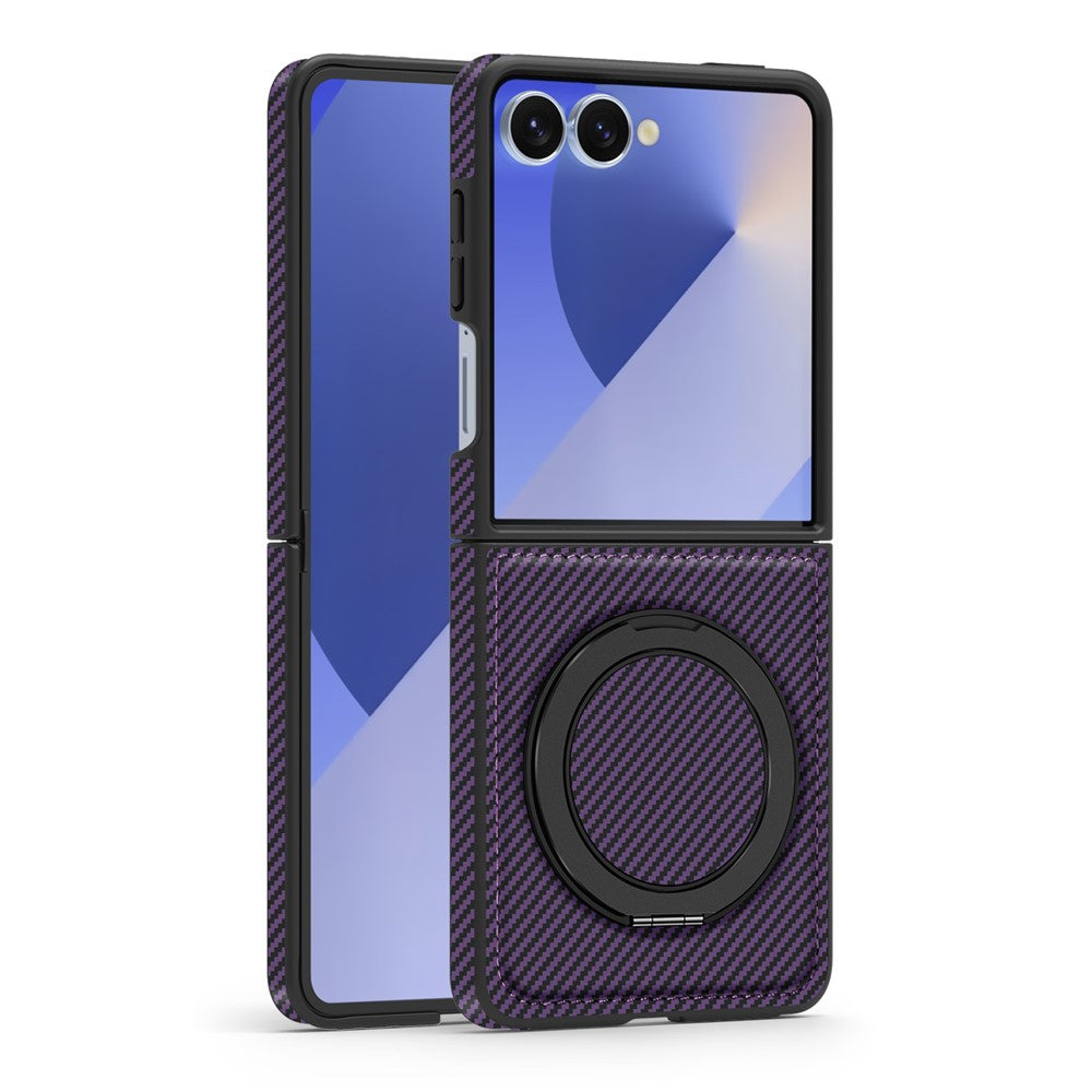For Samsung Galaxy Z Flip7 5G Magnetic Case Carbon Fiber Texture PU + TPU Kickstand Phone Cover - Dark Purple