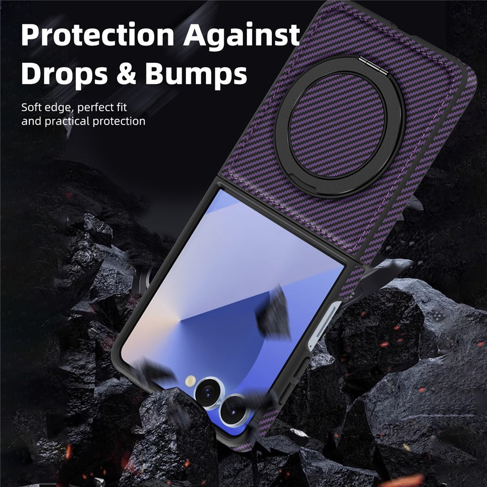 For Samsung Galaxy Z Flip7 5G Magnetic Case Carbon Fiber Texture PU + TPU Kickstand Phone Cover - Dark Purple