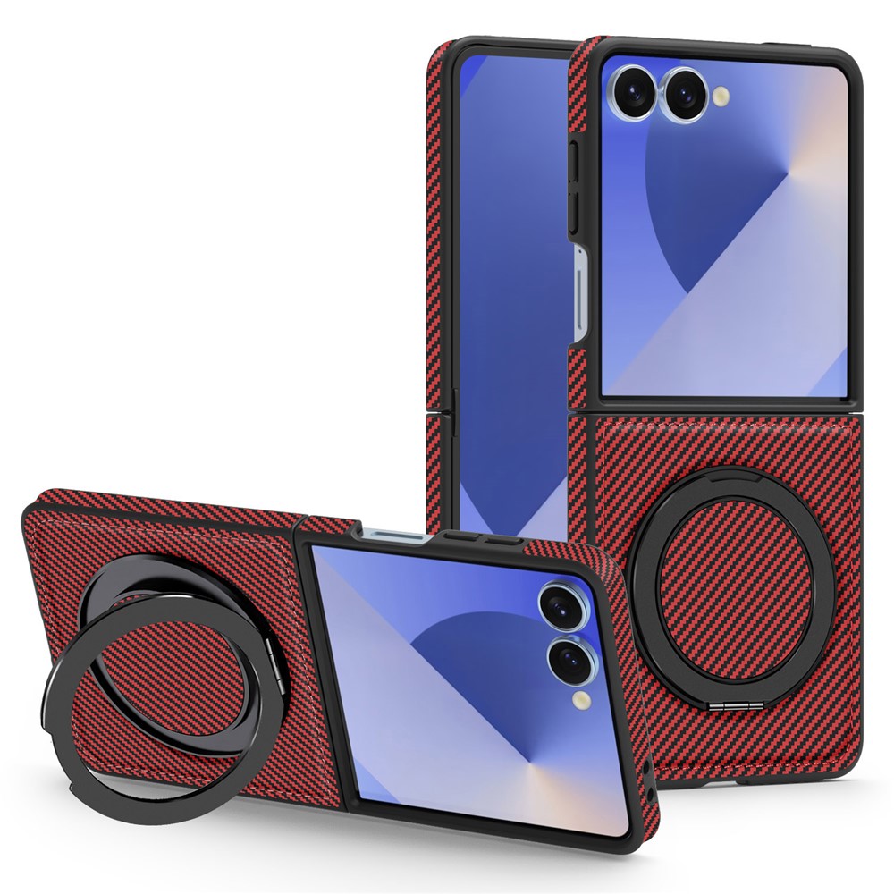 For Samsung Galaxy Z Flip7 5G Magnetic Case Carbon Fiber Texture PU + TPU Kickstand Phone Cover - Red