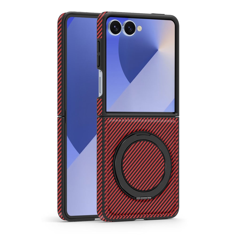For Samsung Galaxy Z Flip7 5G Magnetic Case Carbon Fiber Texture PU + TPU Kickstand Phone Cover - Red