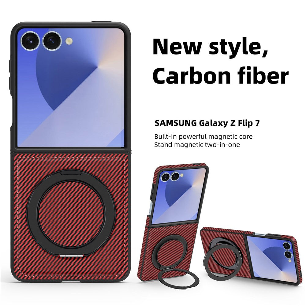 For Samsung Galaxy Z Flip7 5G Magnetic Case Carbon Fiber Texture PU + TPU Kickstand Phone Cover - Red