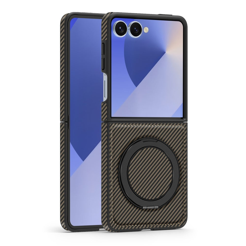 For Samsung Galaxy Z Flip7 5G Magnetic Case Carbon Fiber Texture PU + TPU Kickstand Phone Cover - Coffee