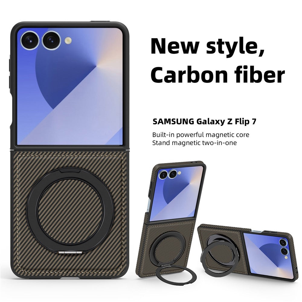 For Samsung Galaxy Z Flip7 5G Magnetic Case Carbon Fiber Texture PU + TPU Kickstand Phone Cover - Coffee