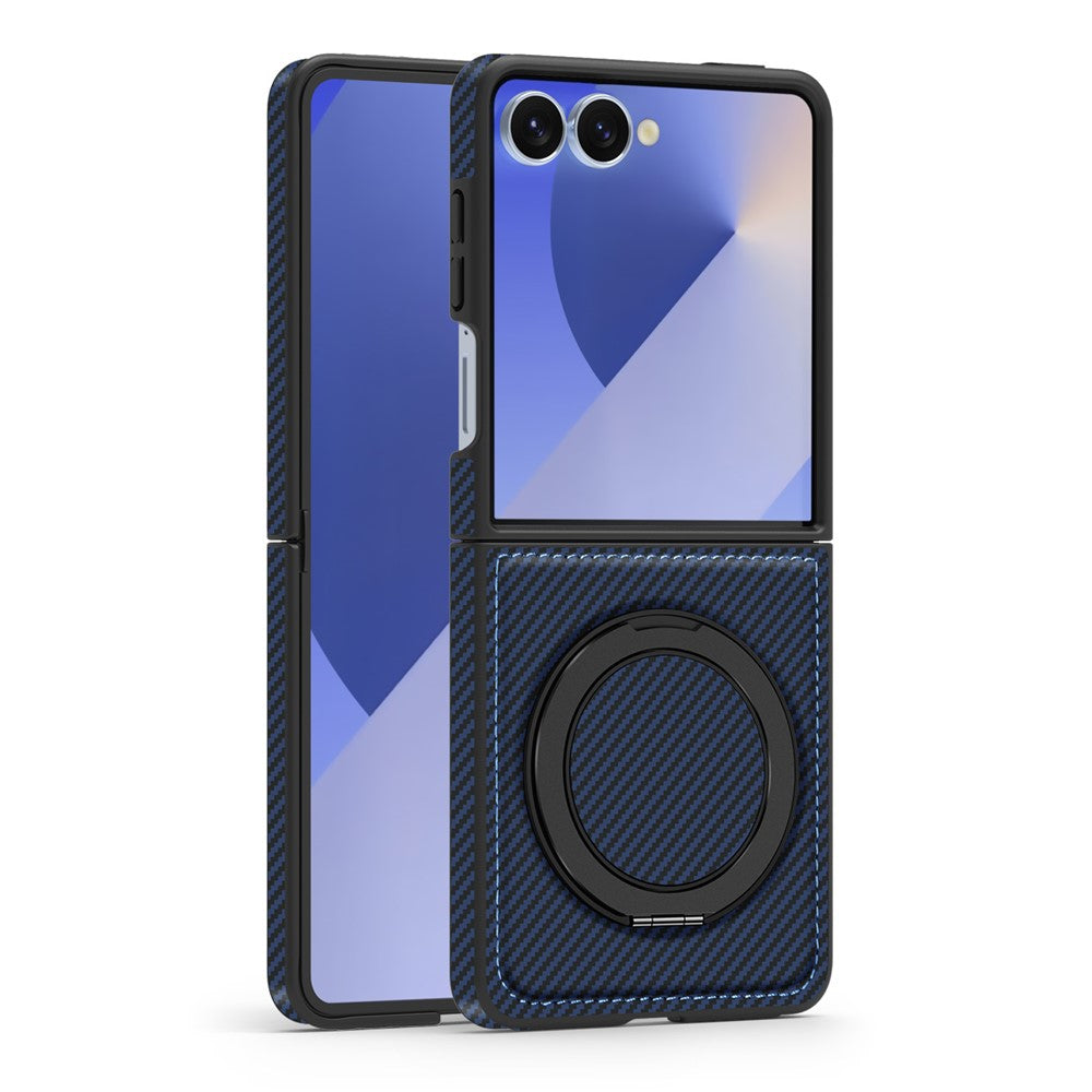 For Samsung Galaxy Z Flip7 5G Magnetic Case Carbon Fiber Texture PU + TPU Kickstand Phone Cover - Sapphire