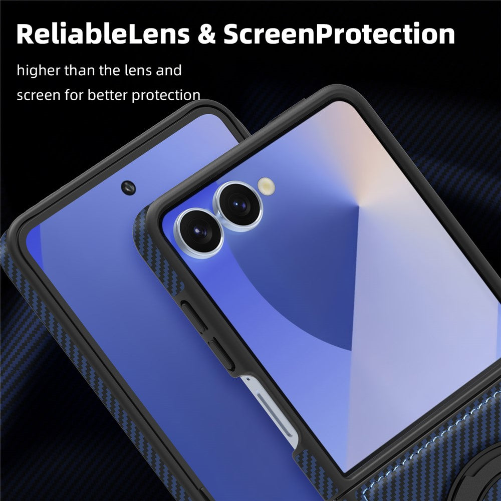 For Samsung Galaxy Z Flip7 5G Magnetic Case Carbon Fiber Texture PU + TPU Kickstand Phone Cover - Sapphire