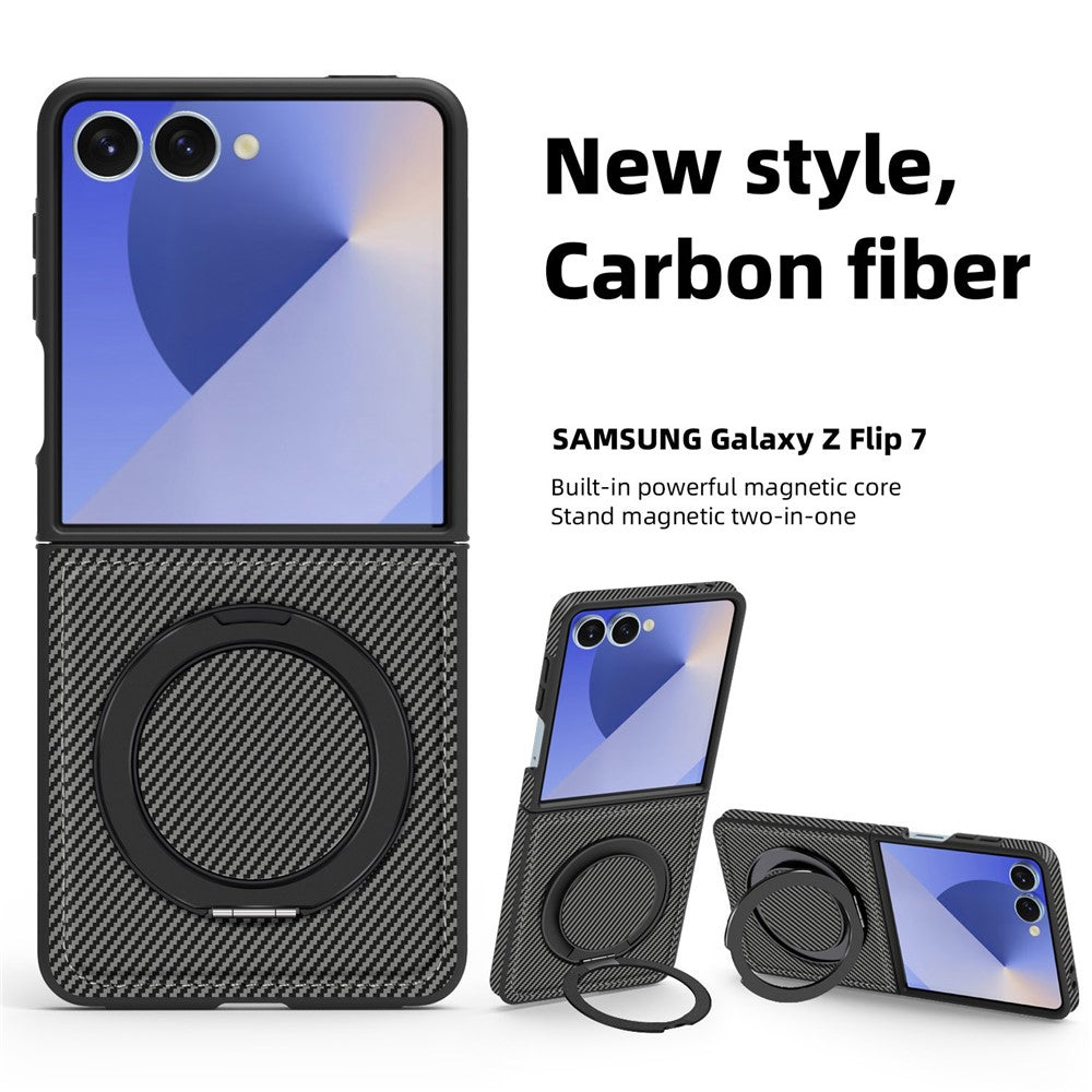 For Samsung Galaxy Z Flip7 5G Magnetic Case Carbon Fiber Texture PU + TPU Kickstand Phone Cover - Titanium Grey