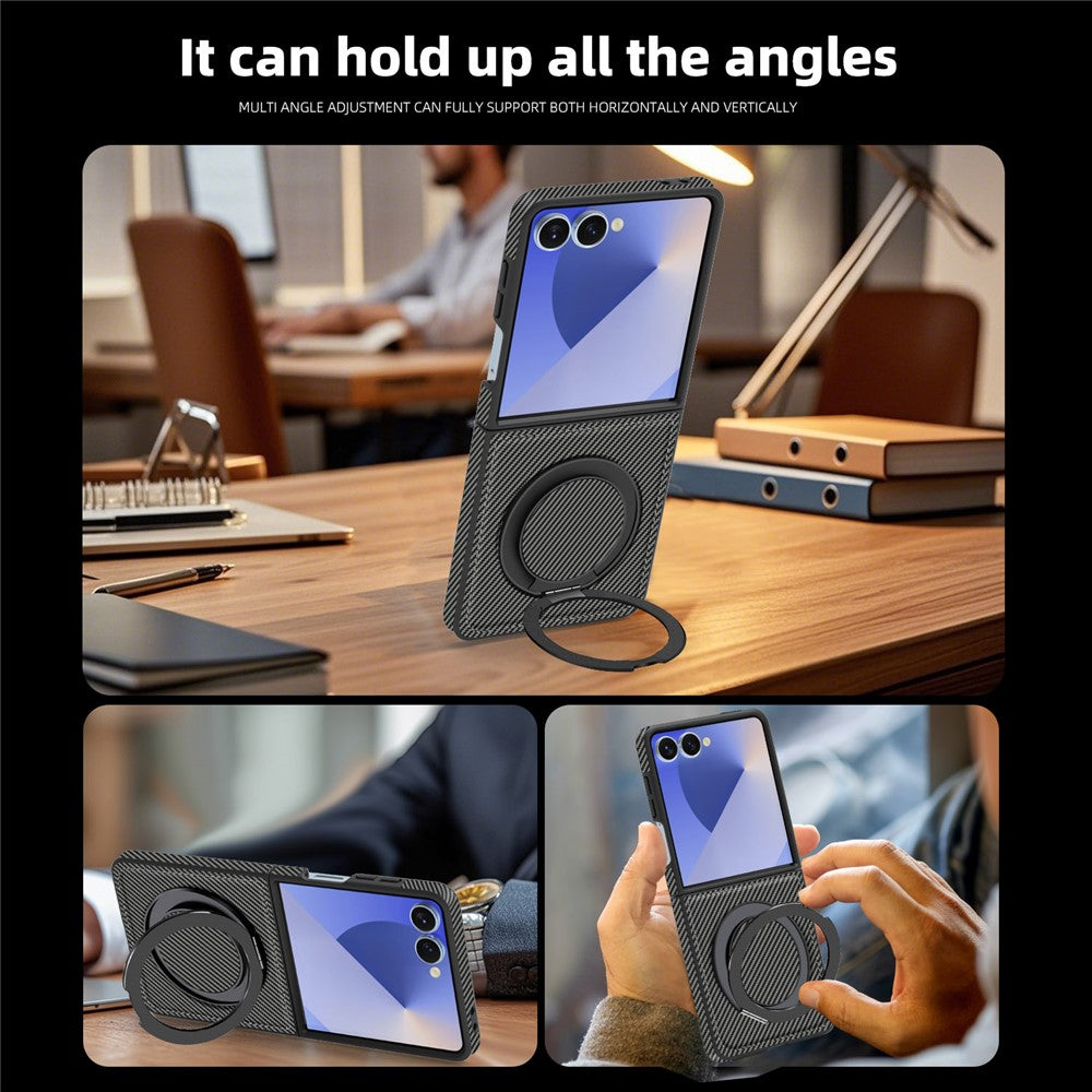 For Samsung Galaxy Z Flip7 5G Magnetic Case Carbon Fiber Texture PU + TPU Kickstand Phone Cover - Titanium Grey
