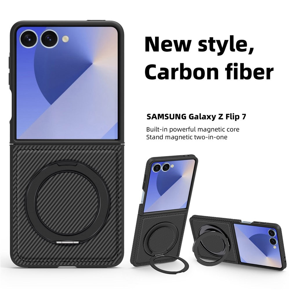 For Samsung Galaxy Z Flip7 5G Magnetic Case Carbon Fiber Texture PU + TPU Kickstand Phone Cover - Black