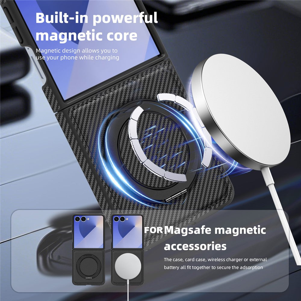For Samsung Galaxy Z Flip7 5G Magnetic Case Carbon Fiber Texture PU + TPU Kickstand Phone Cover - Black