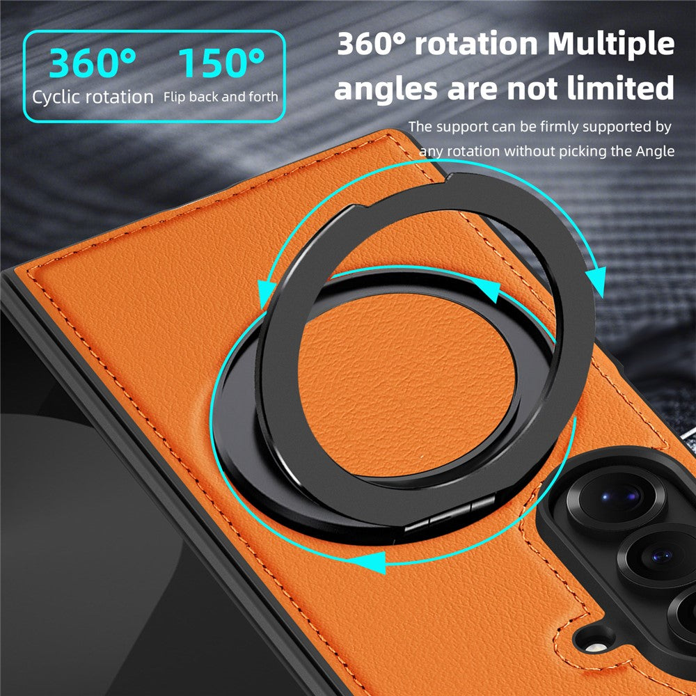 For Samsung Galaxy Z Fold7 5G Case with Ring Kickstand Compatible with MagSafe PU Leather Back Cover - Orange