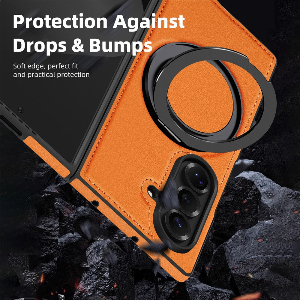 For Samsung Galaxy Z Fold7 5G Case with Ring Kickstand Compatible with MagSafe PU Leather Back Cover - Orange