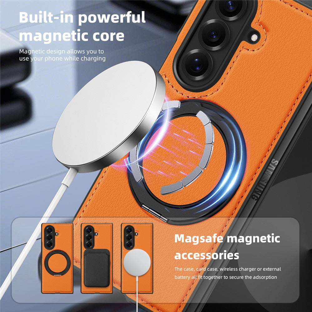 For Samsung Galaxy Z Fold7 5G Case with Ring Kickstand Compatible with MagSafe PU Leather Back Cover - Orange