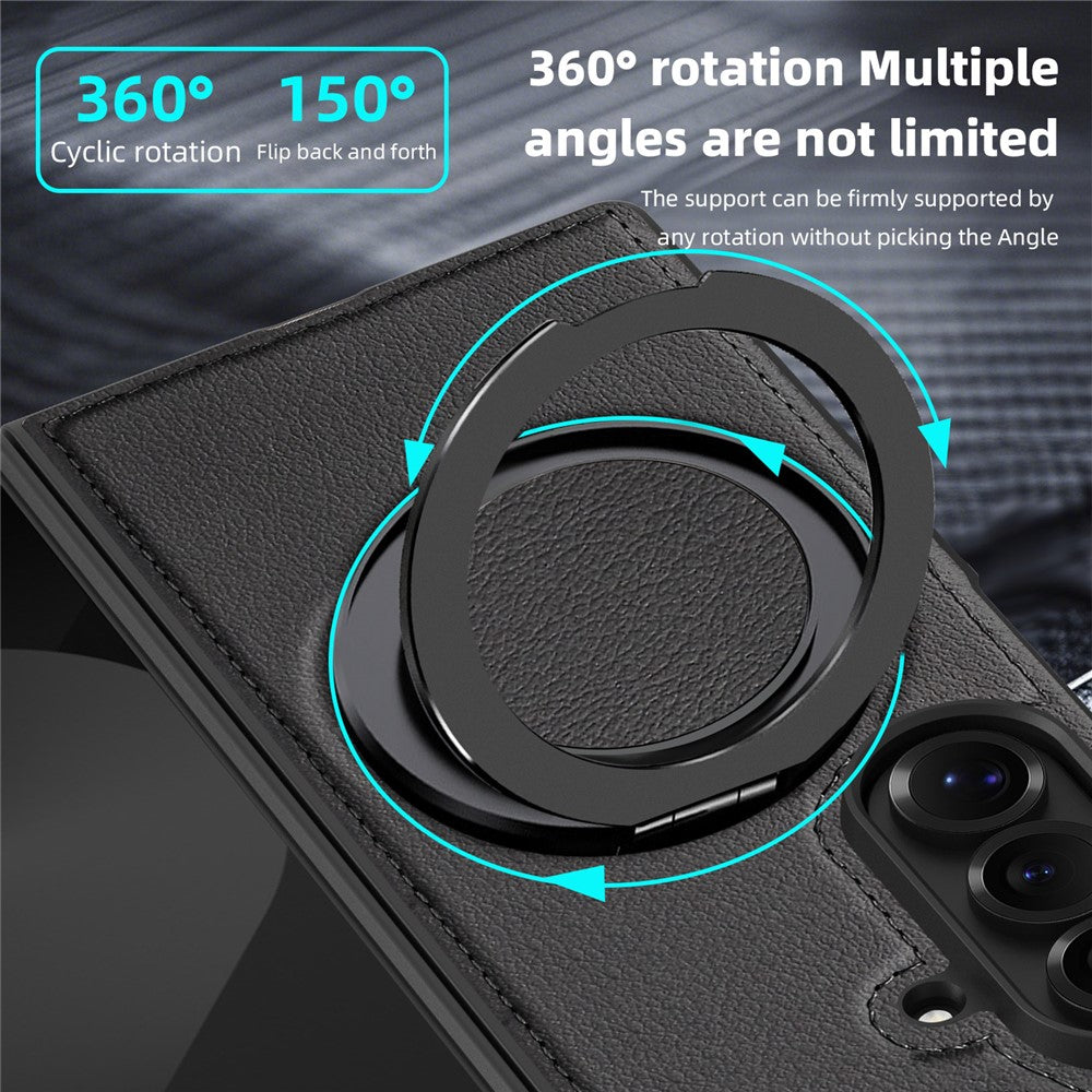 For Samsung Galaxy Z Fold7 5G Case with Ring Kickstand Compatible with MagSafe PU Leather Back Cover - Black