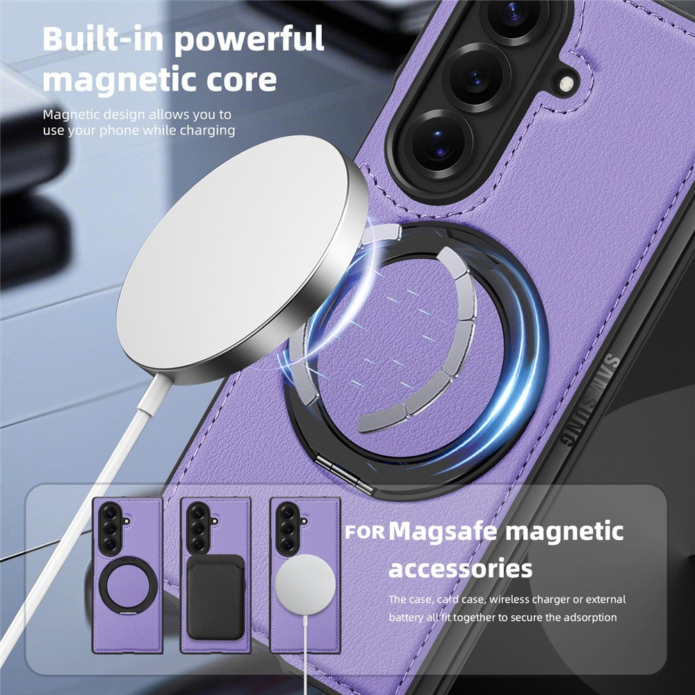 For Samsung Galaxy Z Fold7 5G Case with Ring Kickstand Compatible with MagSafe PU Leather Back Cover - Purple