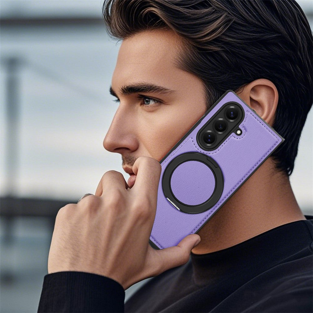 For Samsung Galaxy Z Fold7 5G Case with Ring Kickstand Compatible with MagSafe PU Leather Back Cover - Purple