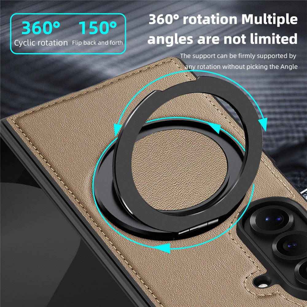 For Samsung Galaxy Z Fold7 5G Case with Ring Kickstand Compatible with MagSafe PU Leather Back Cover - Desert Gold