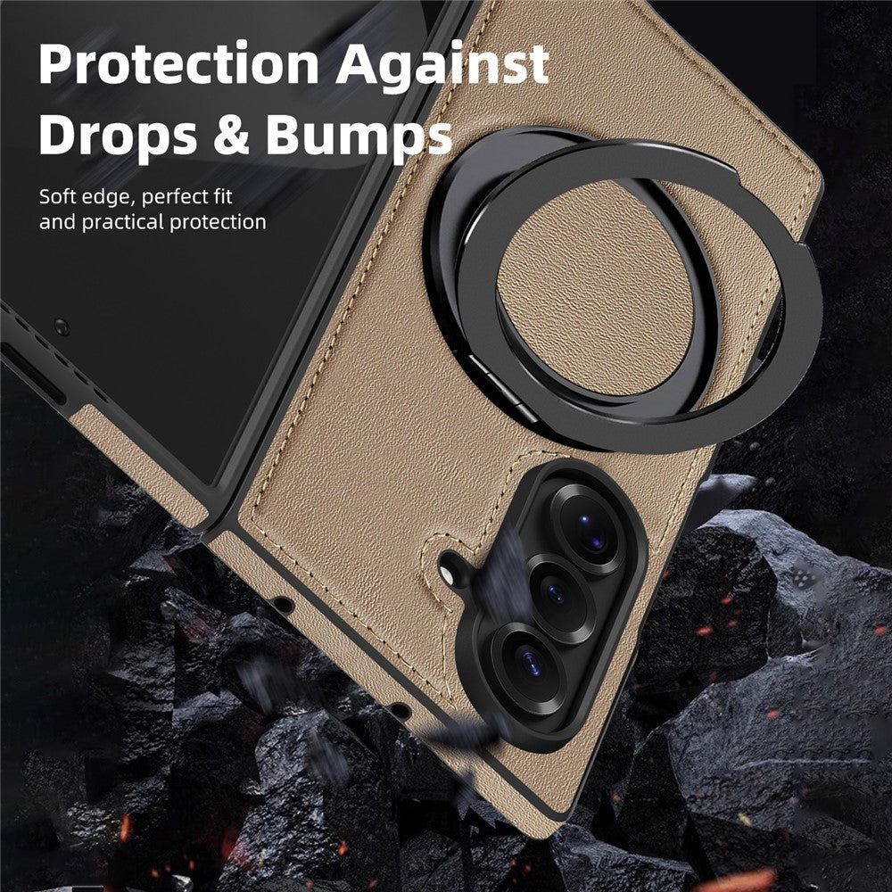 For Samsung Galaxy Z Fold7 5G Case with Ring Kickstand Compatible with MagSafe PU Leather Back Cover - Desert Gold