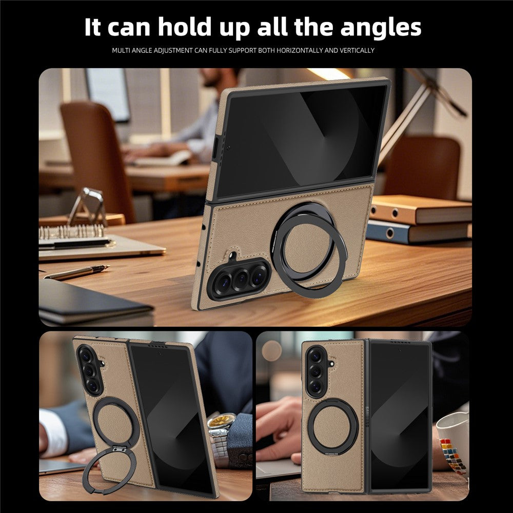 For Samsung Galaxy Z Fold7 5G Case with Ring Kickstand Compatible with MagSafe PU Leather Back Cover - Desert Gold