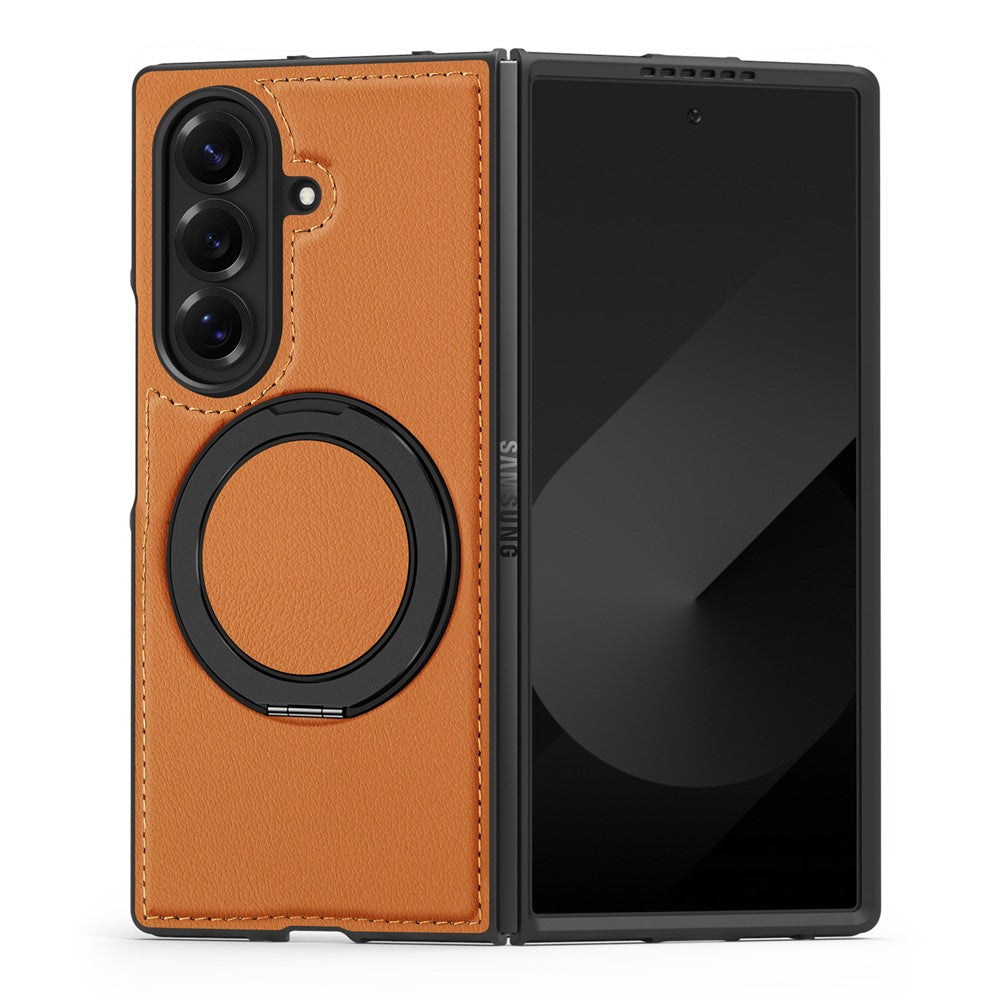 For Samsung Galaxy Z Fold7 5G Case with Ring Kickstand Compatible with MagSafe PU Leather Back Cover - Brown