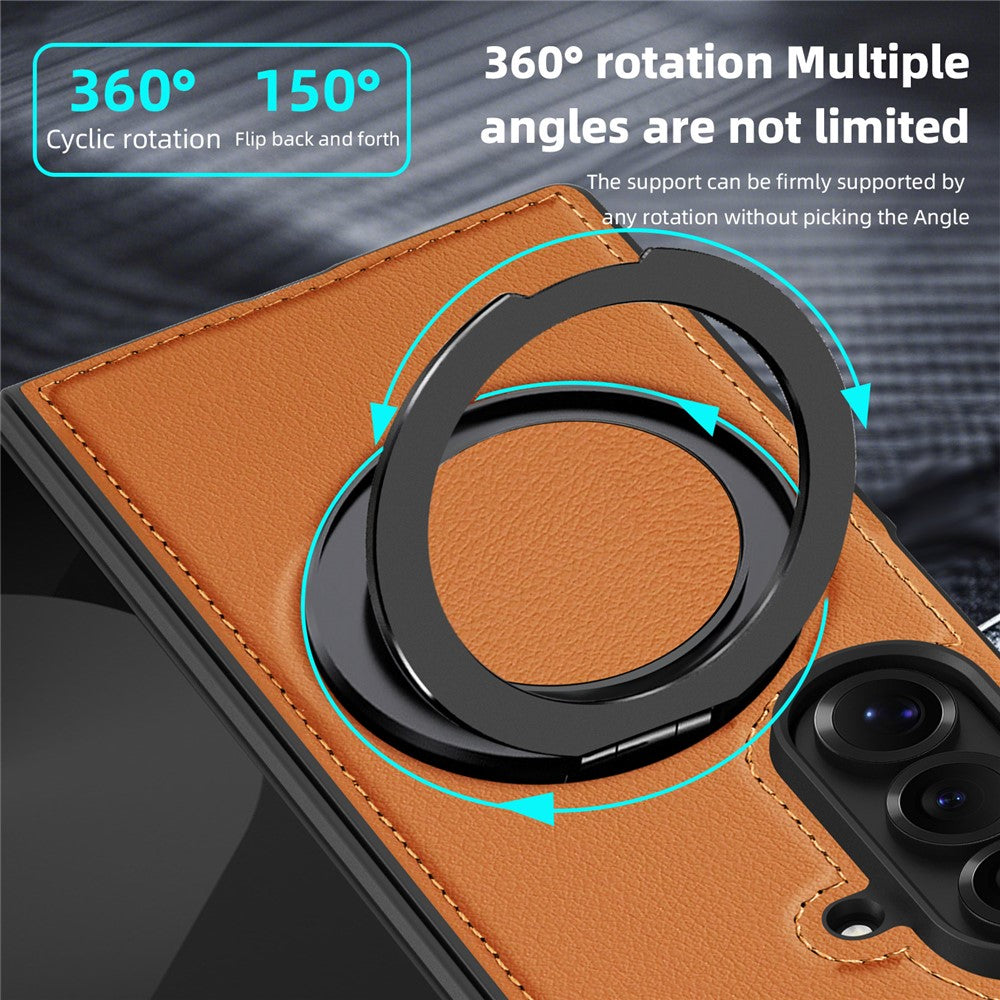 For Samsung Galaxy Z Fold7 5G Case with Ring Kickstand Compatible with MagSafe PU Leather Back Cover - Brown