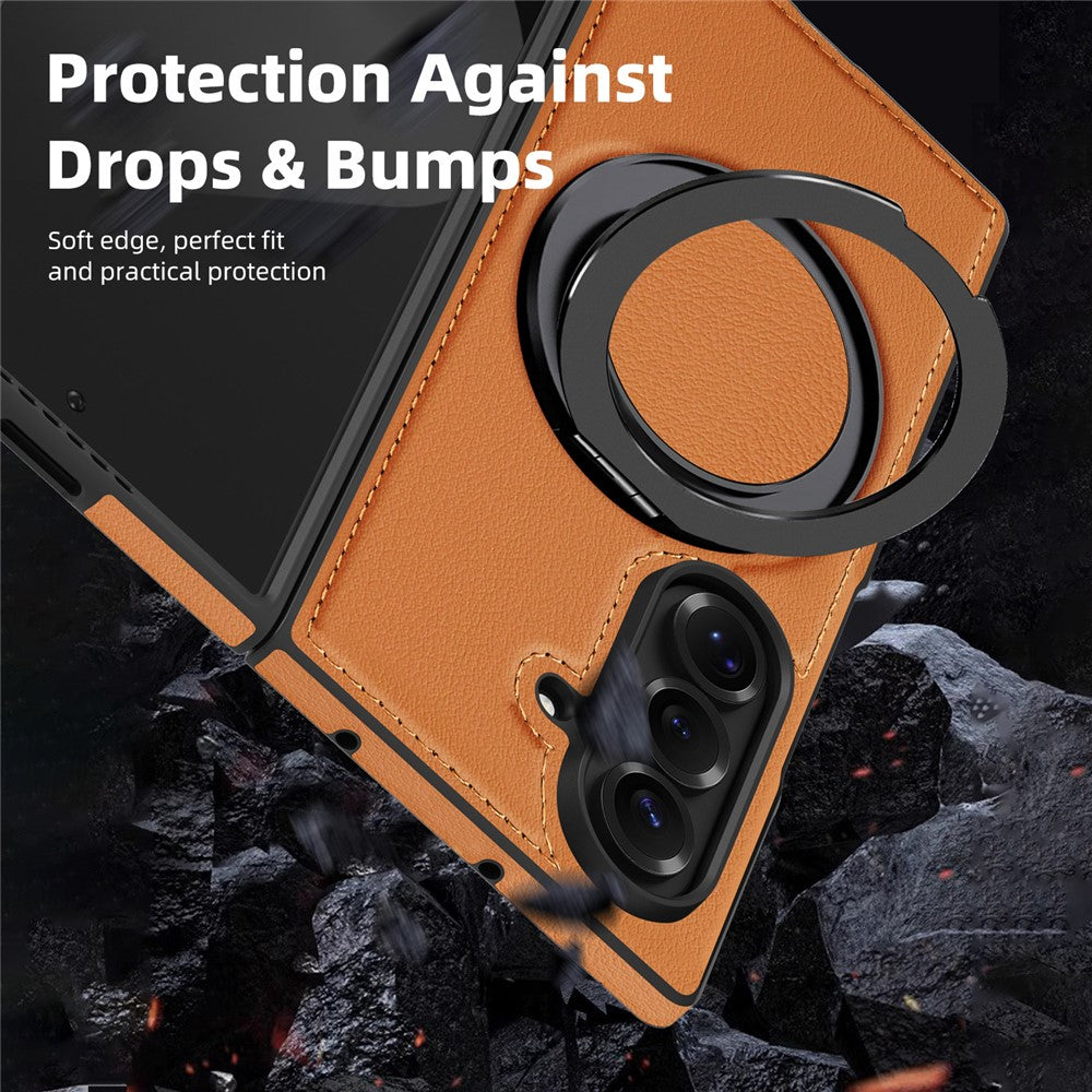 For Samsung Galaxy Z Fold7 5G Case with Ring Kickstand Compatible with MagSafe PU Leather Back Cover - Brown