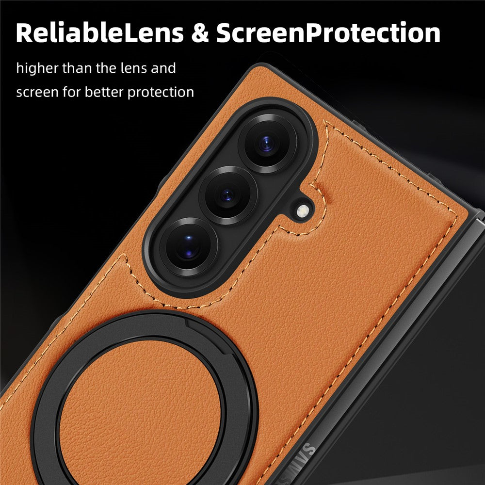 For Samsung Galaxy Z Fold7 5G Case with Ring Kickstand Compatible with MagSafe PU Leather Back Cover - Brown