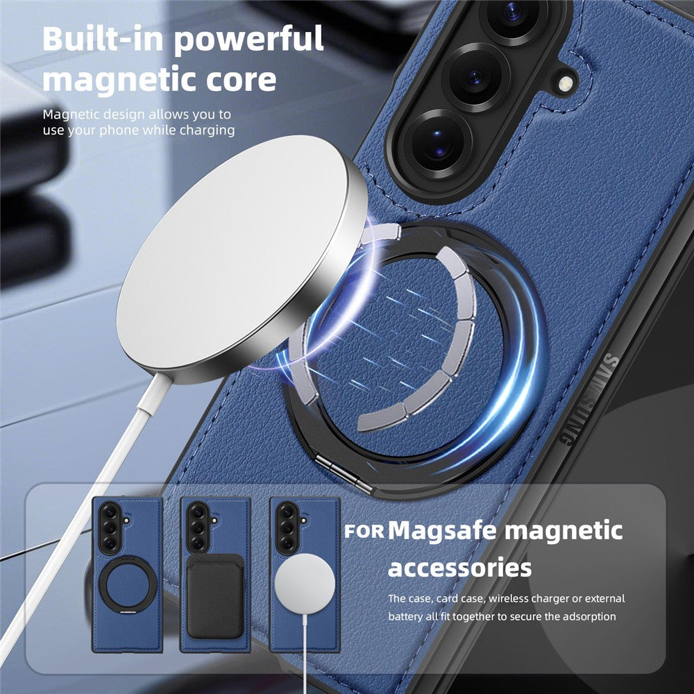 For Samsung Galaxy Z Fold7 5G Case with Ring Kickstand Compatible with MagSafe PU Leather Back Cover - Sapphire