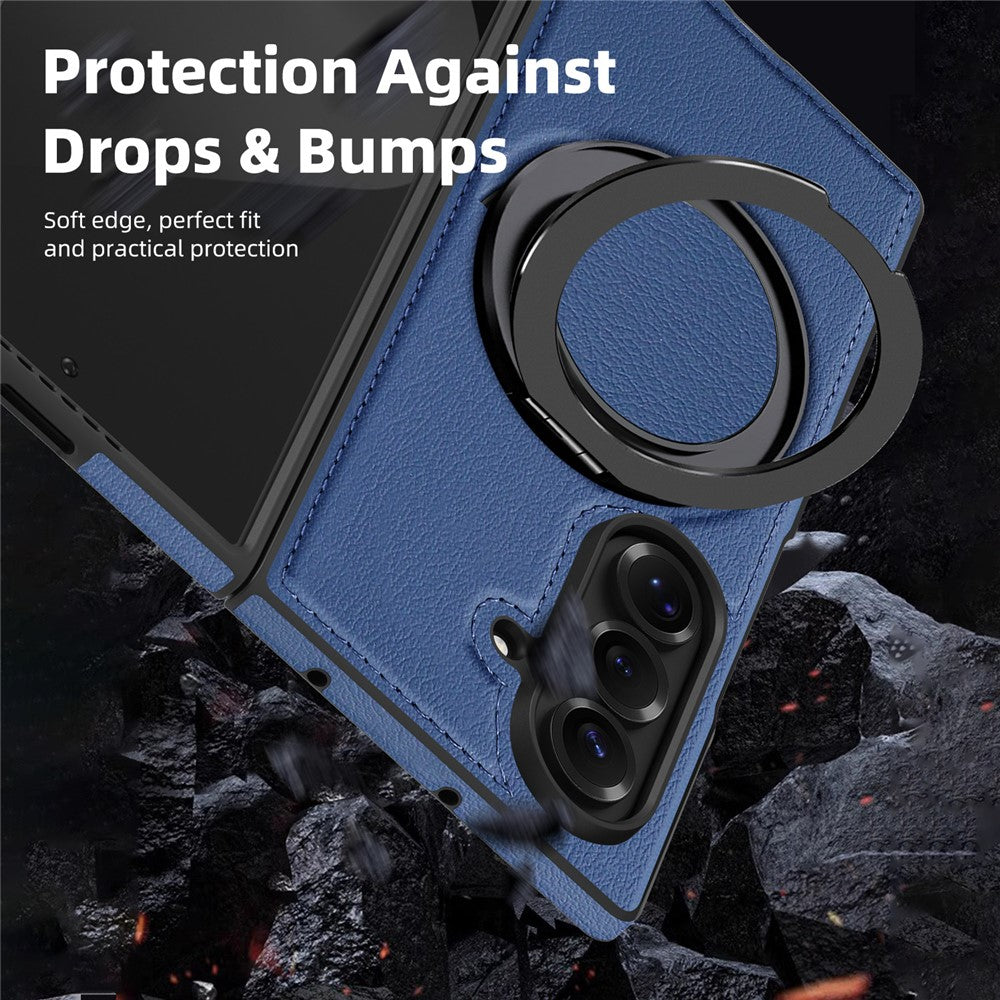 For Samsung Galaxy Z Fold7 5G Case with Ring Kickstand Compatible with MagSafe PU Leather Back Cover - Sapphire