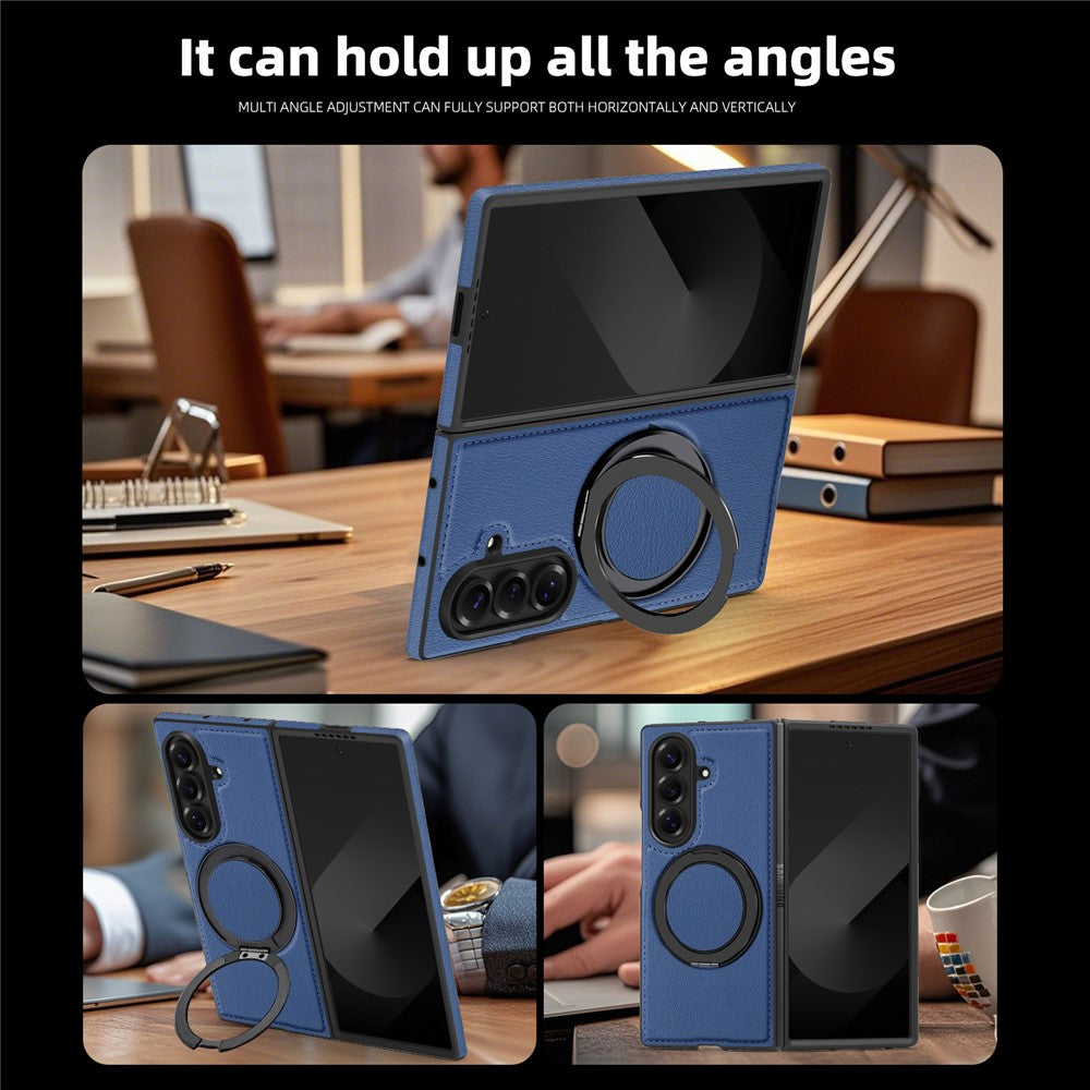 For Samsung Galaxy Z Fold7 5G Case with Ring Kickstand Compatible with MagSafe PU Leather Back Cover - Sapphire