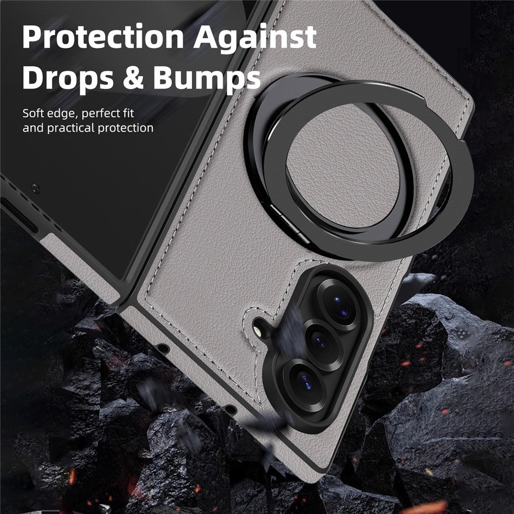 For Samsung Galaxy Z Fold7 5G Case with Ring Kickstand Compatible with MagSafe PU Leather Back Cover - Grey