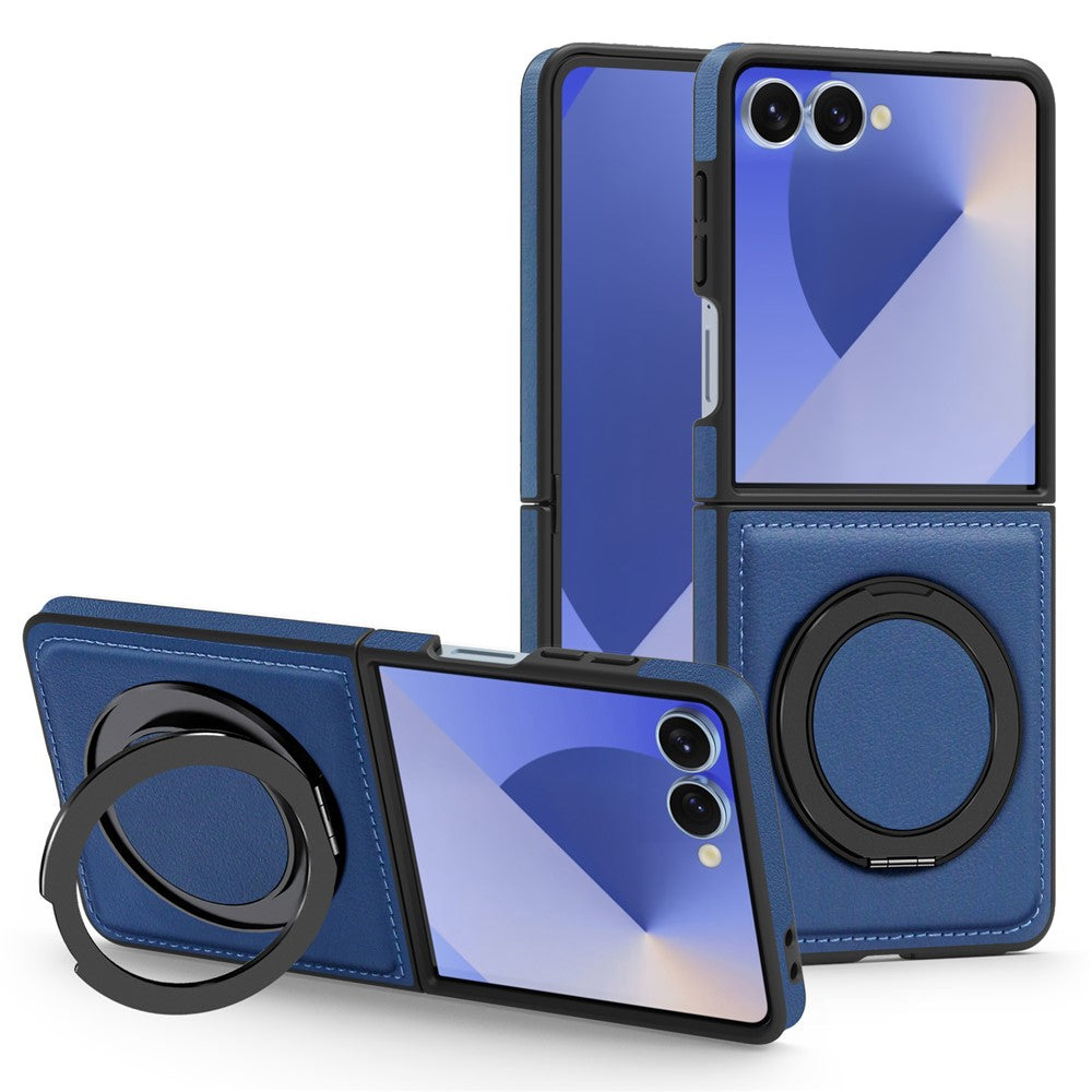 For Samsung Galaxy Z Flip7 5G Case with Ring Kickstand Compatible with MagSafe PU Leather Back Cover - Sapphire