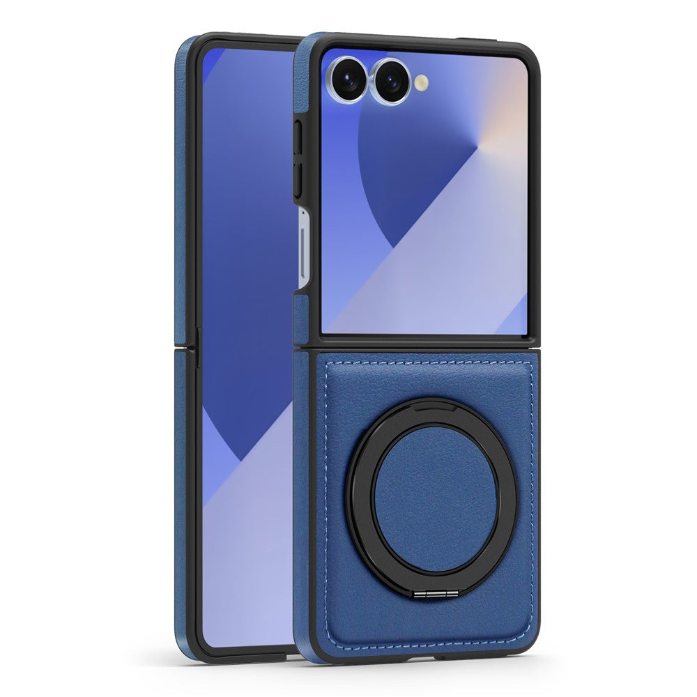 For Samsung Galaxy Z Flip7 5G Case with Ring Kickstand Compatible with MagSafe PU Leather Back Cover - Sapphire